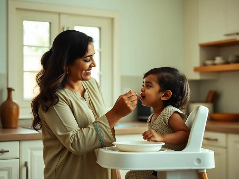 Homemaker mother feeding her child in kitchen