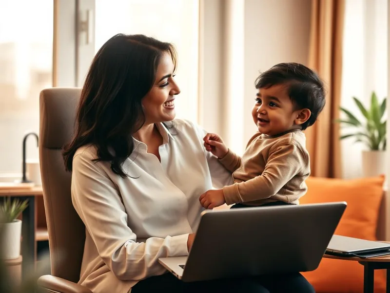 Working mother with her child at laptop