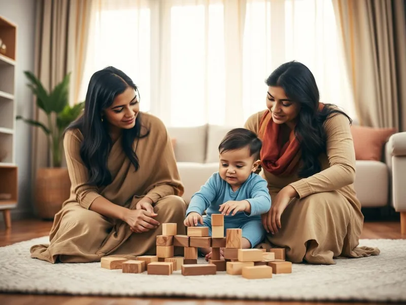 Young parents playing with their child and blocks