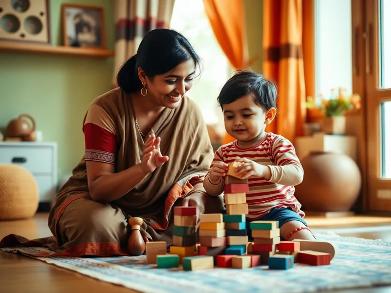 Mother celebrating her child stacking blocks