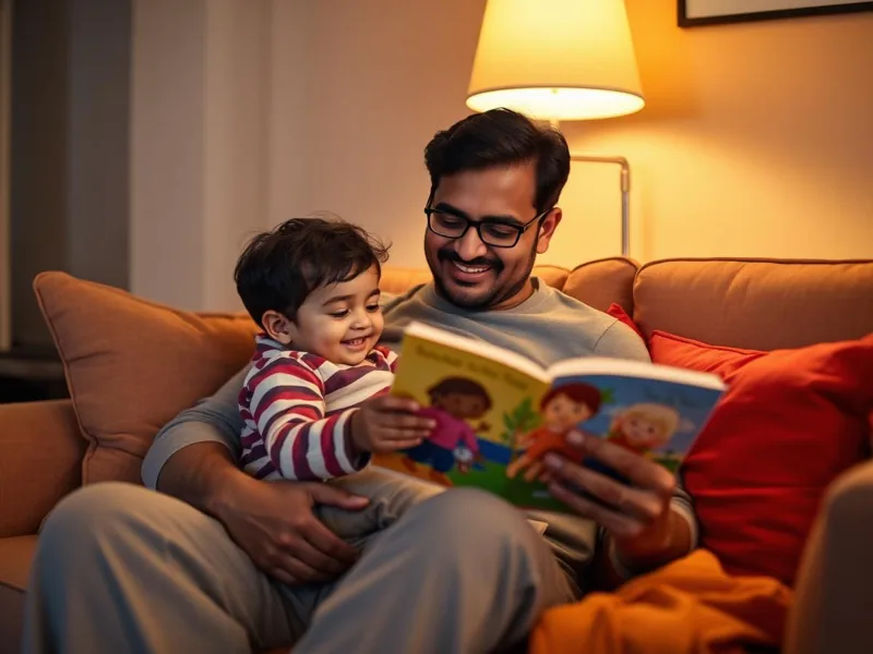 Father reading a picture book with his child